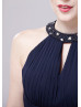 Beaded Halter Neck Navy Blue Chiffon Long Bridesmaid Dress